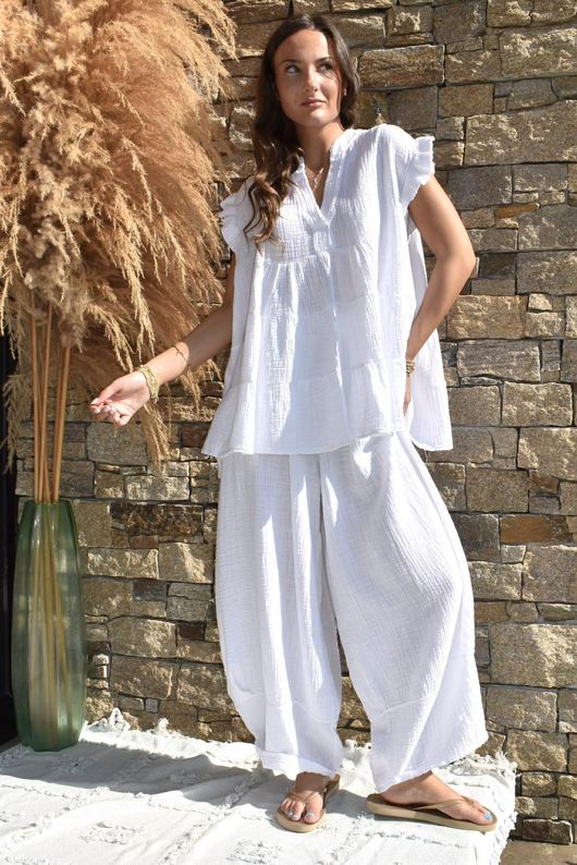 Tasha Cushion Cotton Cap Sleeve Tier Top White